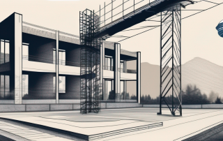 A construction site with architectural blueprints and a hard hat