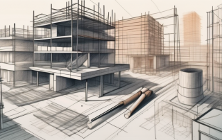 A construction site with various architectural plans and tools