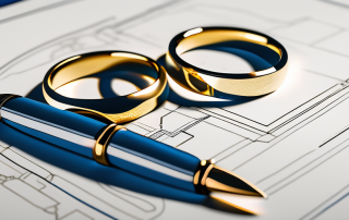 A pair of intertwined gold rings sitting on a blueprint of a house