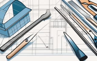 A construction site with various tools and blueprints