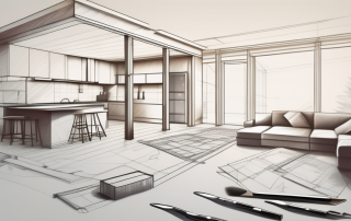 A semi-completed double house with blueprint plans and various construction tools scattered around