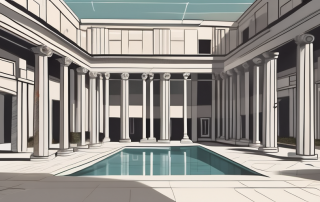 An ancient roman atrium with architectural details such as columns