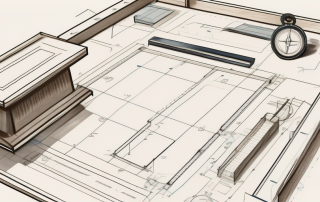 A desk with a blueprint of a building layout