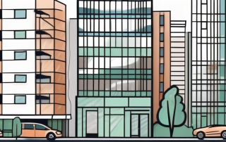 A residential and commercial property line with different types of buildings and fences