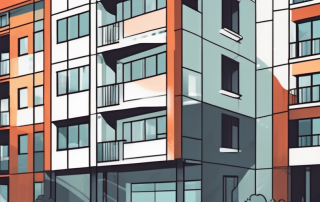 A modern apartment building with a 'for sale' sign in front