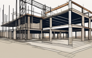 A construction site with a partially completed building structure