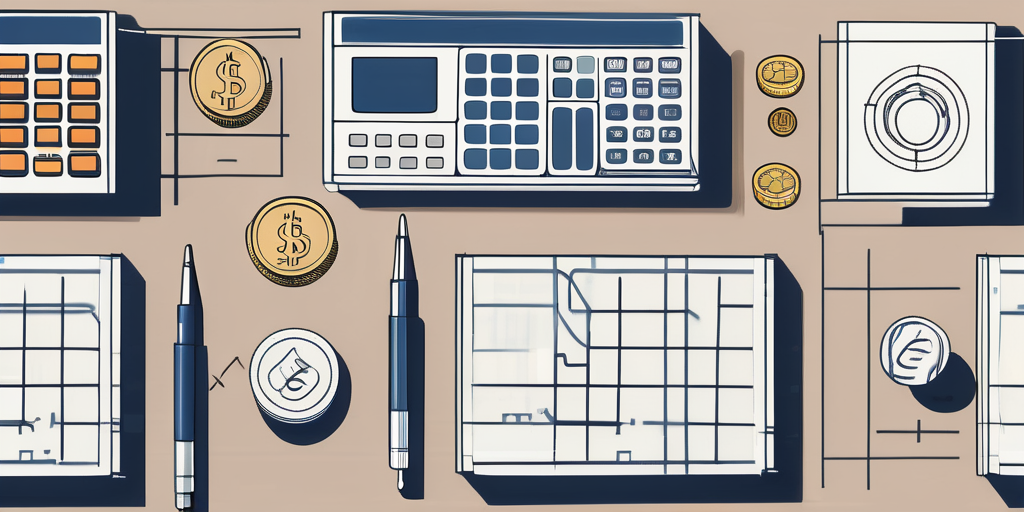 A blueprint of a house with a calculator and some coins next to it