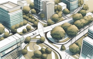 A professional site plan with various architectural elements like buildings