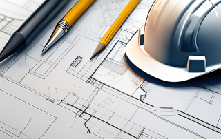 A german building permit document with architectural blueprints and a hard hat in the background