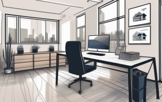 A real estate agent's office with various elements like a property blueprint