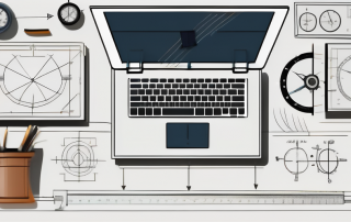 A desk with a laptop displaying a blueprint design