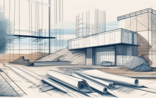 A construction site with blueprints and architectural tools