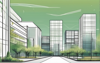 A spacious urban landscape with various standalone buildings surrounded by green spaces