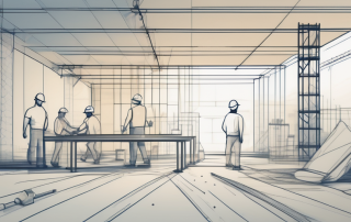 A construction site with various tools and blueprints