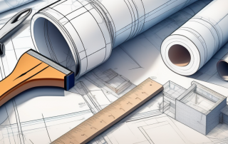 A variety of construction tools and materials scattered across a blueprint of a house