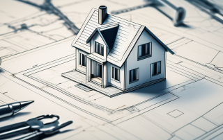 A completed house with keys lying on top of the blueprints