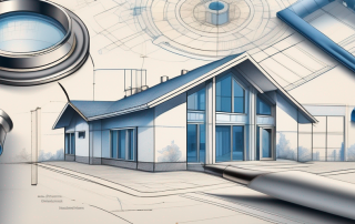 A blueprint of a building with various architectural symbols and dimensions highlighted