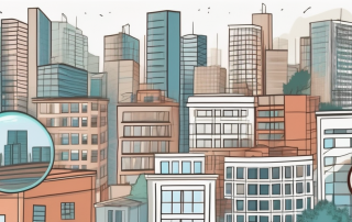 A cityscape with various types of buildings (such as apartments