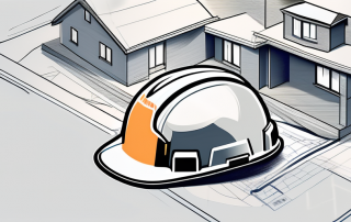 A construction site with different elements such as a blueprint