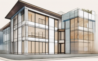 A land registry office with a detailed blueprint of a property layout prominently displayed