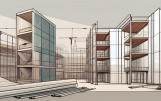 A construction site with various building materials and architectural plans