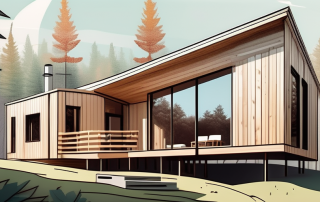 A serene and sustainable wooden house nestled in a vibrant forest