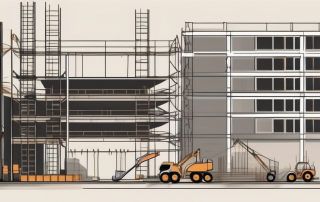 A construction site with various building elements like scaffolding
