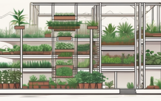 A two-story cultivation structure with various plants on each level