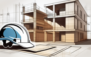 A construction site with architectural blueprints