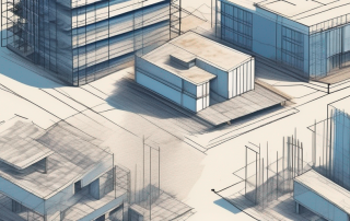 A construction site with various building structures in different stages of development