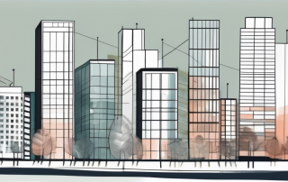 A cityscape with highlighted areas demonstrating different ground floor area ratios (gfz) and floor area ratios (grz) in urban planning