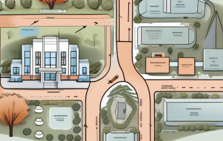 A detailed site plan with various elements like buildings