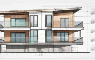 A half-built duplex house with detailed sections showing the construction process