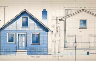 A tape measure stretched across a blueprint of a house