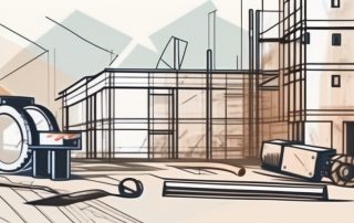 A construction site with various tools and blueprints