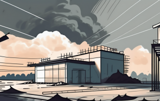 A construction site with a completed building