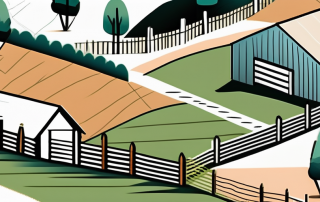 A rural landscape featuring different types of fences delineating property boundaries
