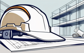 A construction contract on a table with a pen beside it and a construction site with architectural blueprints and a hard hat in the background
