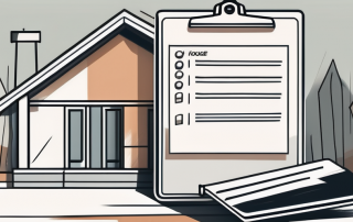 A house under construction with a clipboard in the foreground containing a checklist