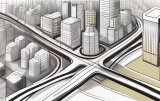 A cityscape with highlighted areas indicating different zoning regulations