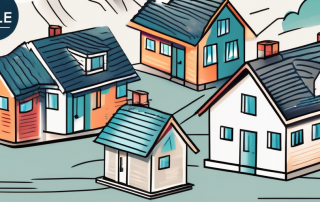 A variety of houses with a 'for sale' sign in front