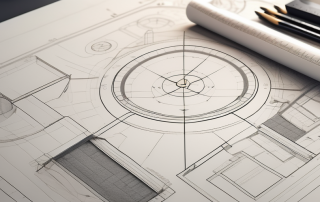 An architect's drafting table with a detailed blueprint of a building