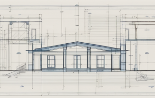 A blueprint with various architectural tools like a ruler