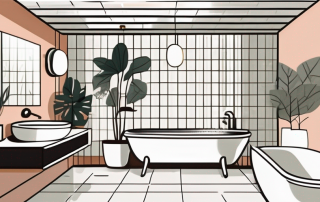 A bathroom layout with different design elements such as a bathtub