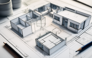 An apartment layout blueprint with various architectural elements like doors