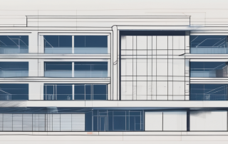 A blueprint of a building highlighting areas such as fire exits