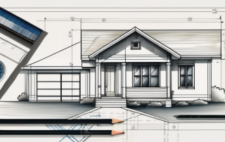A basic architectural blueprint of a house with various drawing tools like a ruler