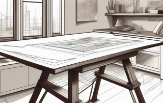 A drafting table with advanced architectural tools and innovative sketches of building layouts