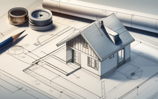 A drafting table with a blueprint of a house layout