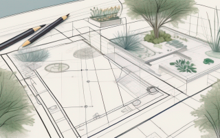A landscape architect's drafting table with a detailed blueprint of a garden layout